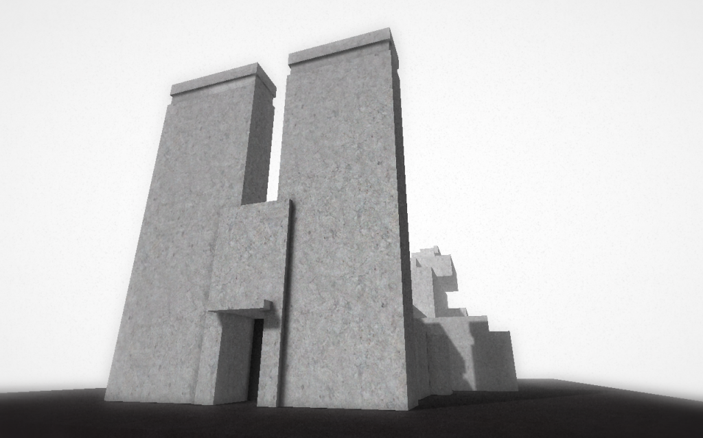 Screenshot of the game Kairo, shows a grey concrete building in a black and white landscape