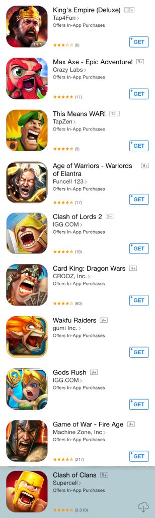 Icons from various free-to-play iOS games. All show a person looking angry, with mouth wide open, and teeth visible.