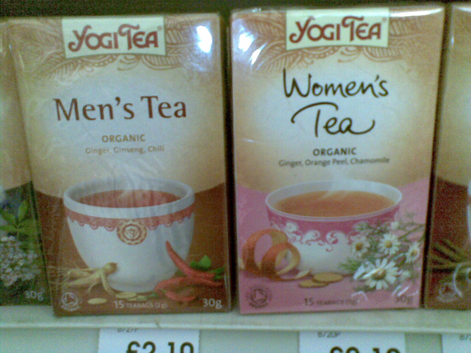 Products on a shelf: Men's Tea/Women's Tea
