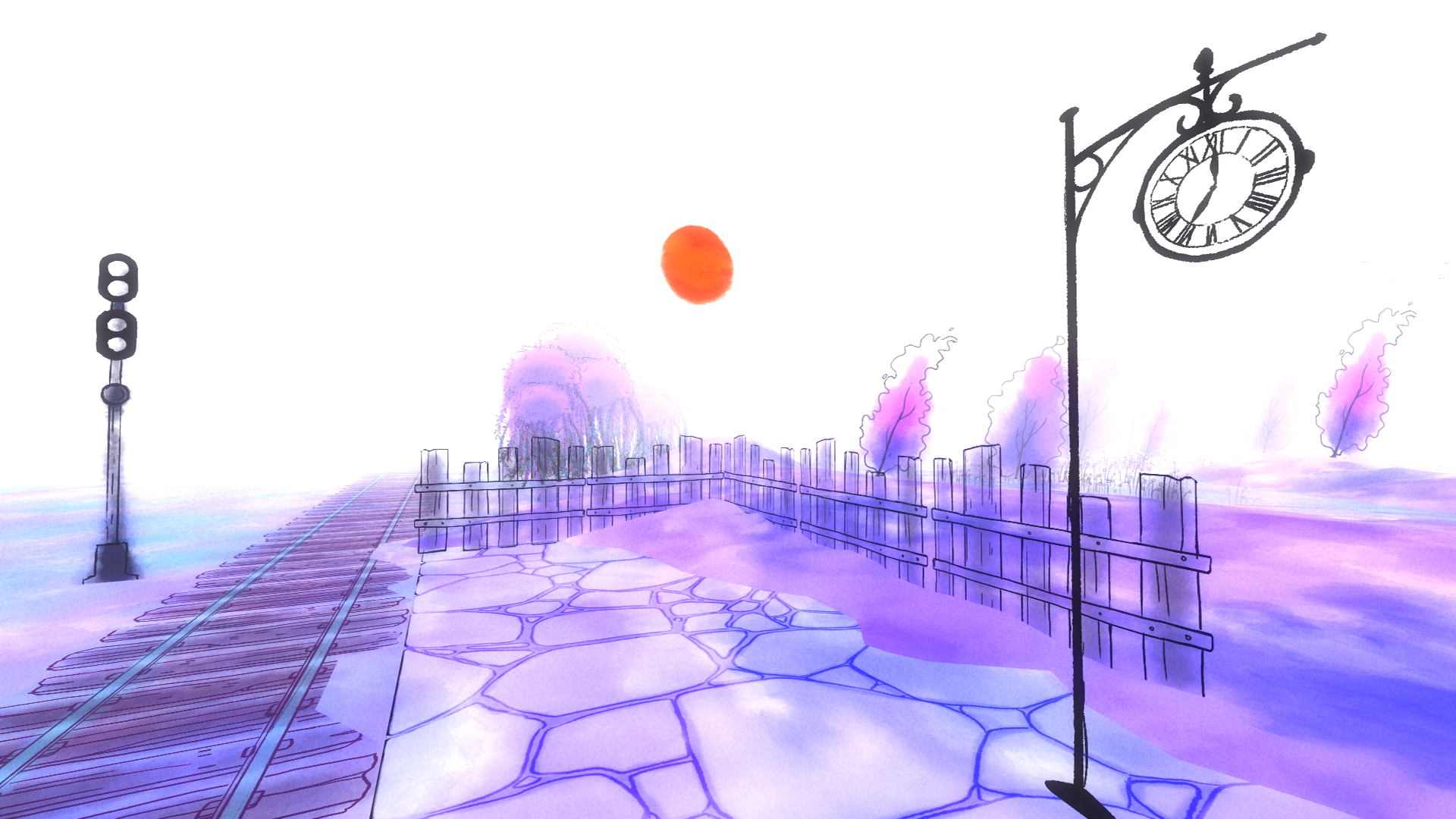 A screenshot from the game.  It looks as it it's painted in orange and purple watercolours over black ink. It shows a paved courtyard next to some railway tracks, with a station clock.